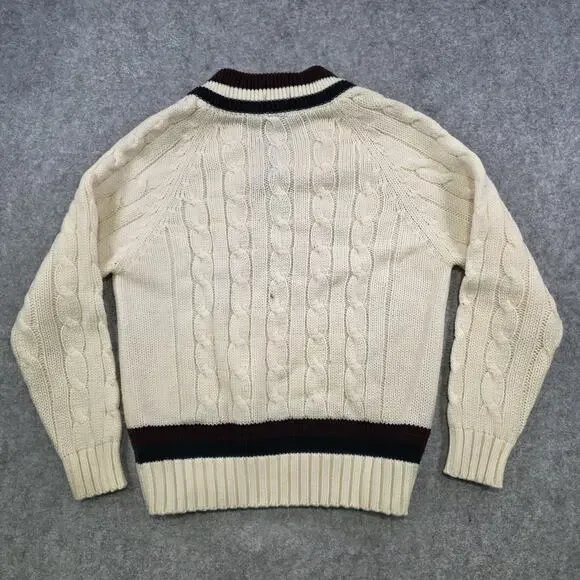 VTG IZOD Lacoste Sweater Mens Large White Cable Knit V Neck Tennis Pullover 80s